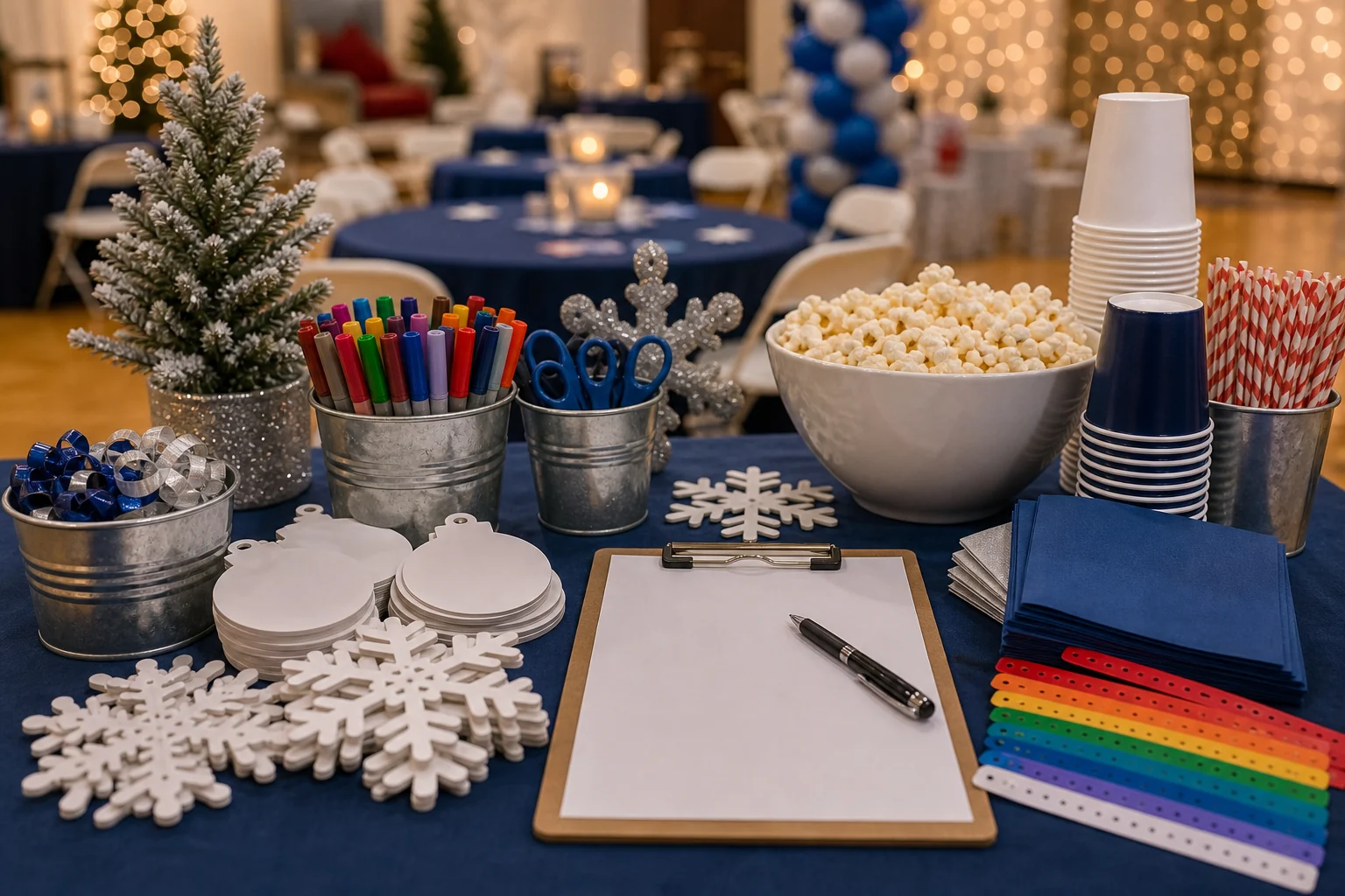 Winter festival supplies with snowflake crafts, blank ornament cards, markers, plain cups, popcorn bowl, wristbands, and blank clipboard