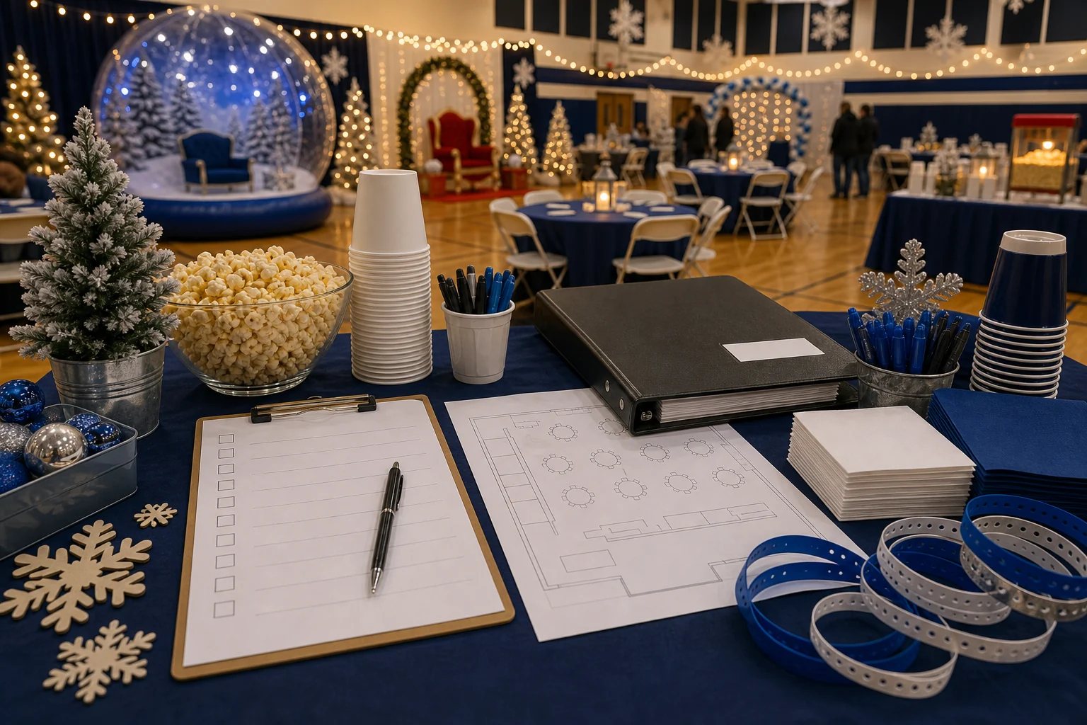 Winter festival quote planning materials with blank checklist, room layout sketch, snowflake crafts, cups, popcorn, folder, and pen