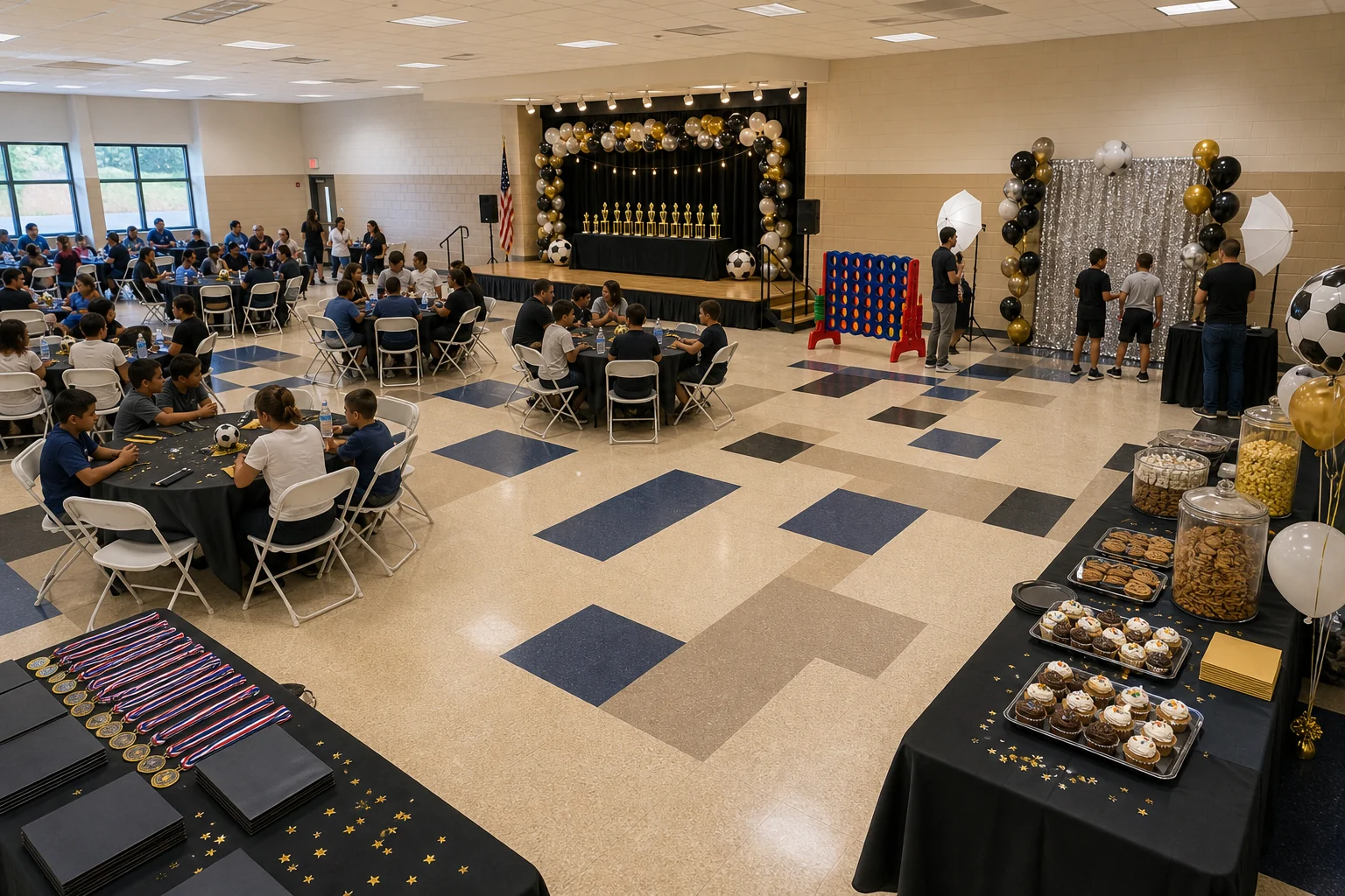 Youth sports banquet layout with awards stage, photo booth, game station, food table, team seating, and parent paths