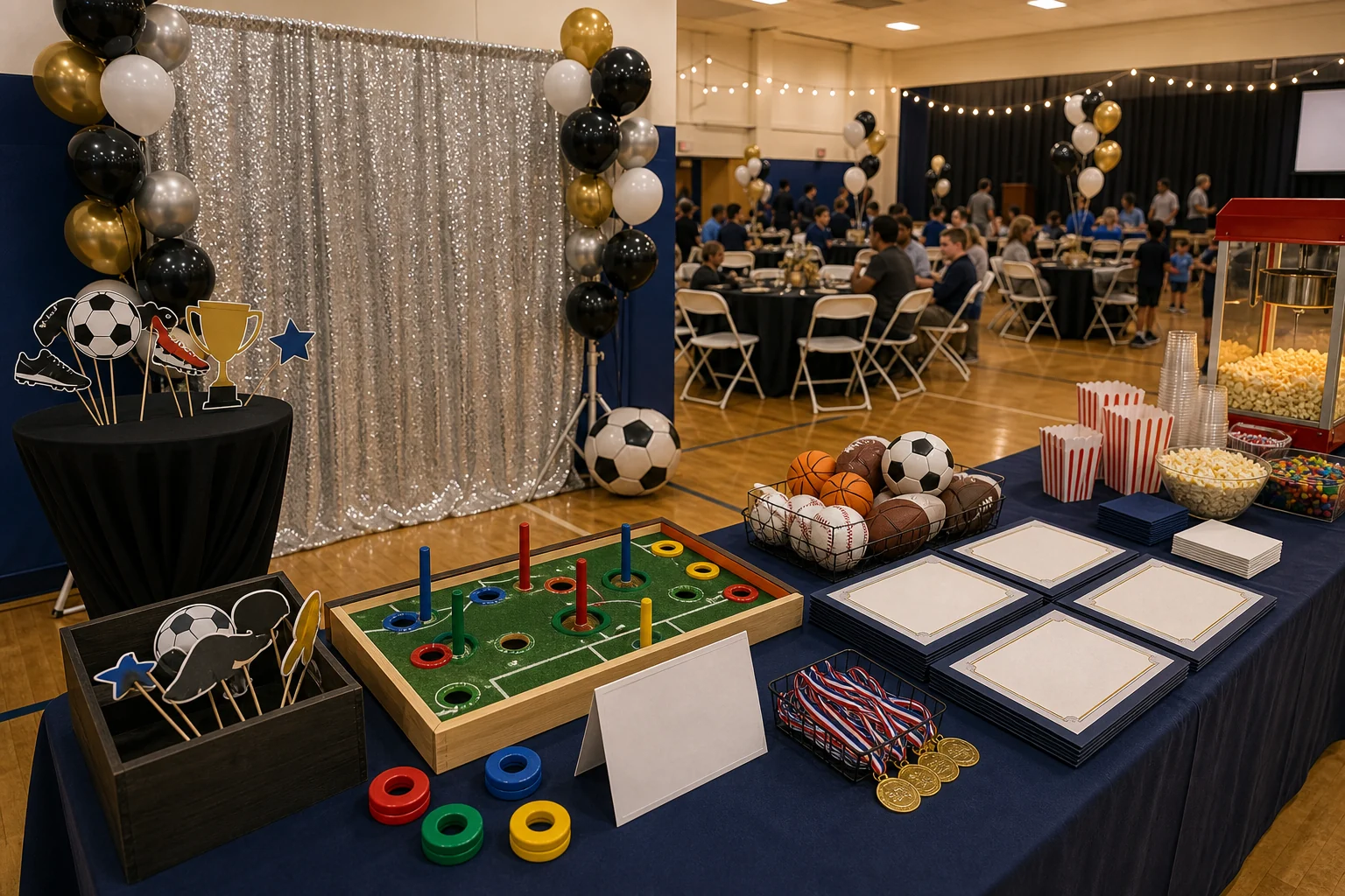 Youth sports banquet feature with unbranded photo booth, blank sports props, simple game station, and snack table