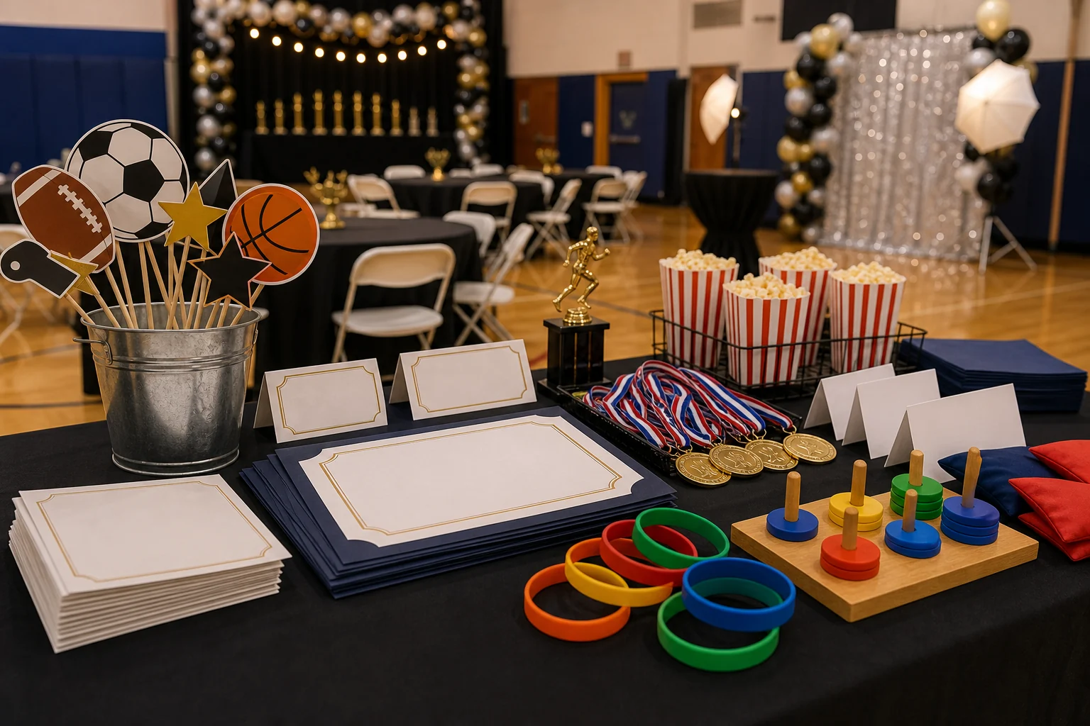 Youth sports banquet detail with blank certificates, memory cards, sports props, wristbands, cups, and simple game materials