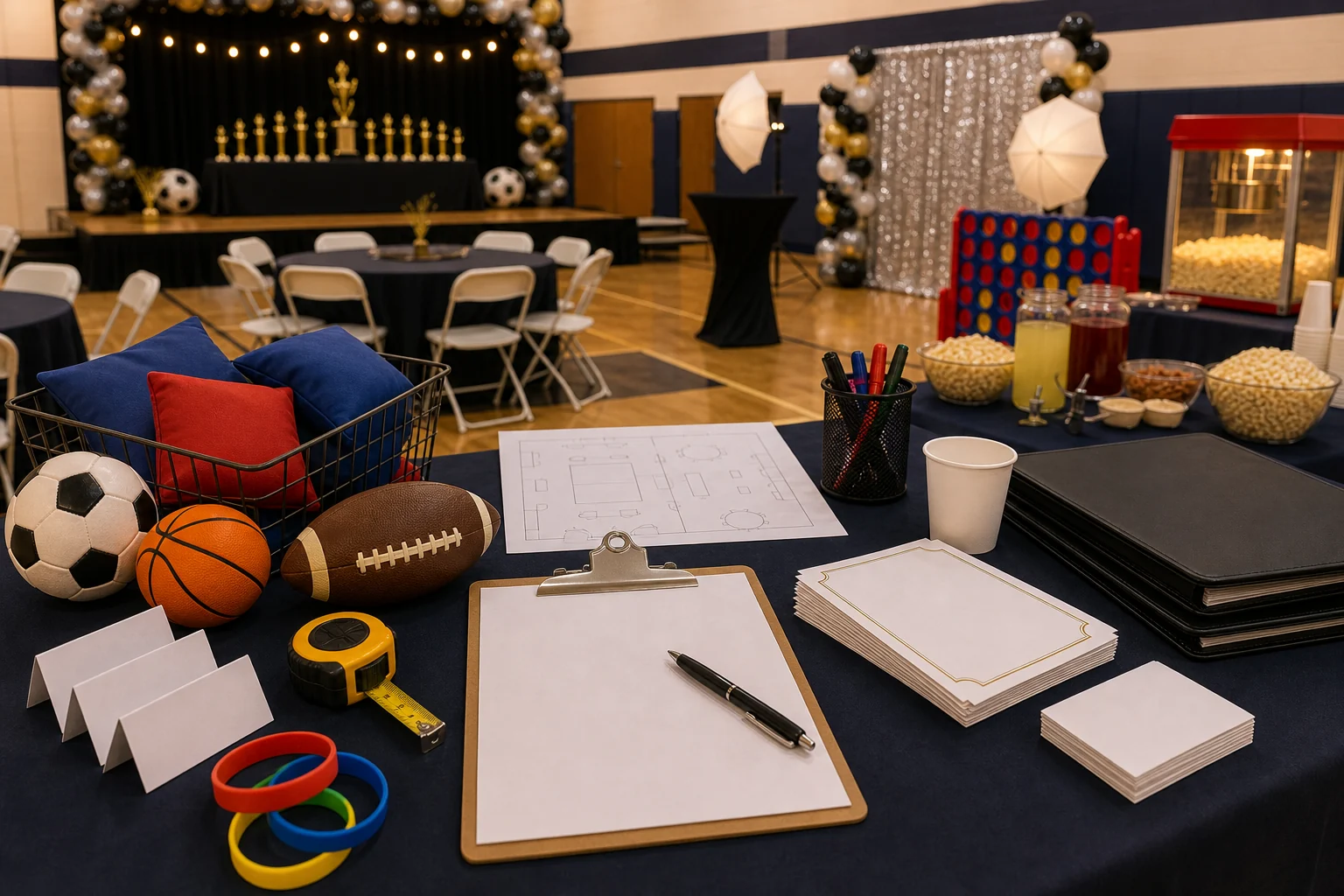 Youth sports banquet quote planning materials with blank checklist, room sketch, sports props, folder, pen, and snack cup