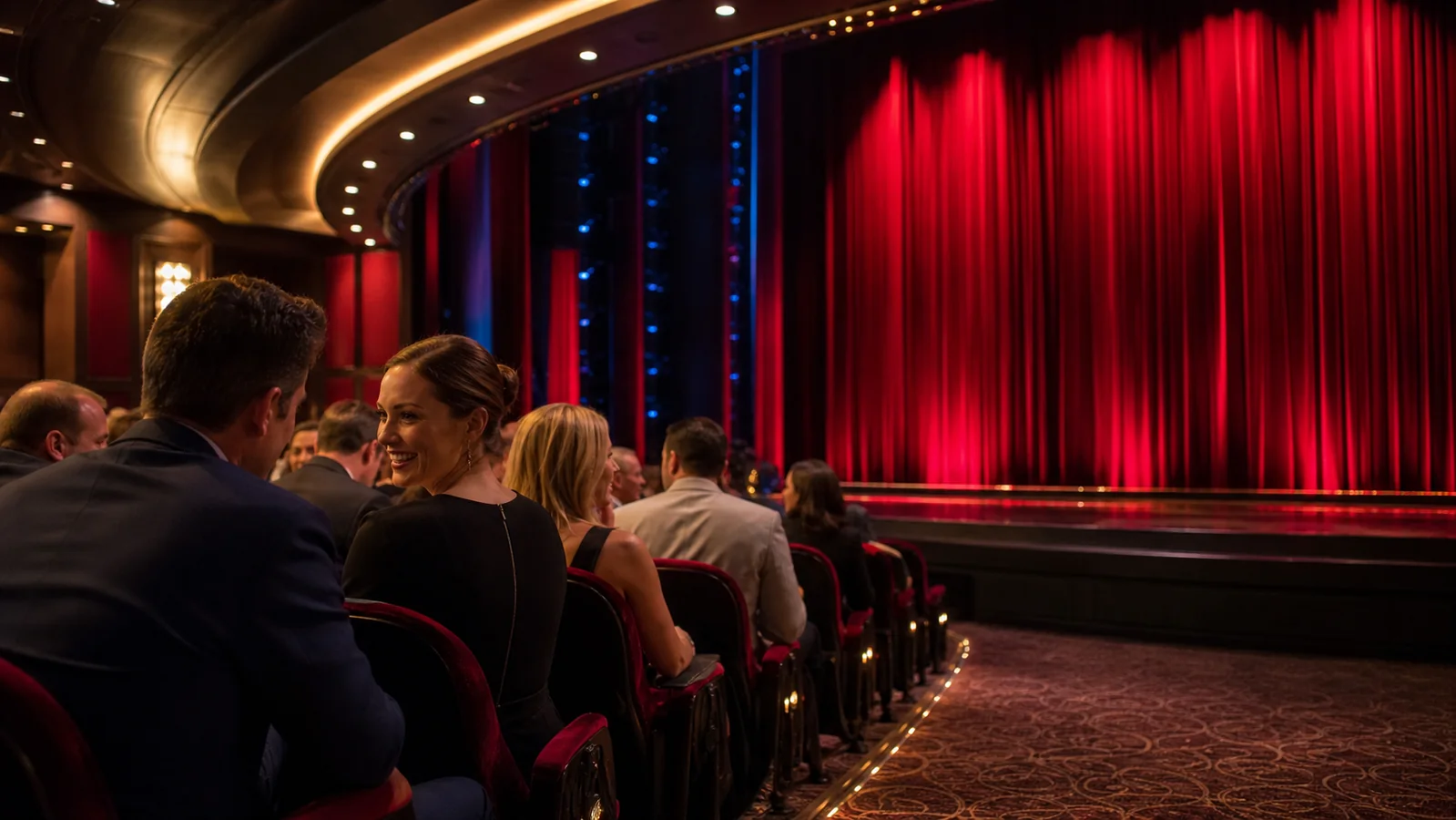 Generic editorial illustration of an adult audience seated before a theater show