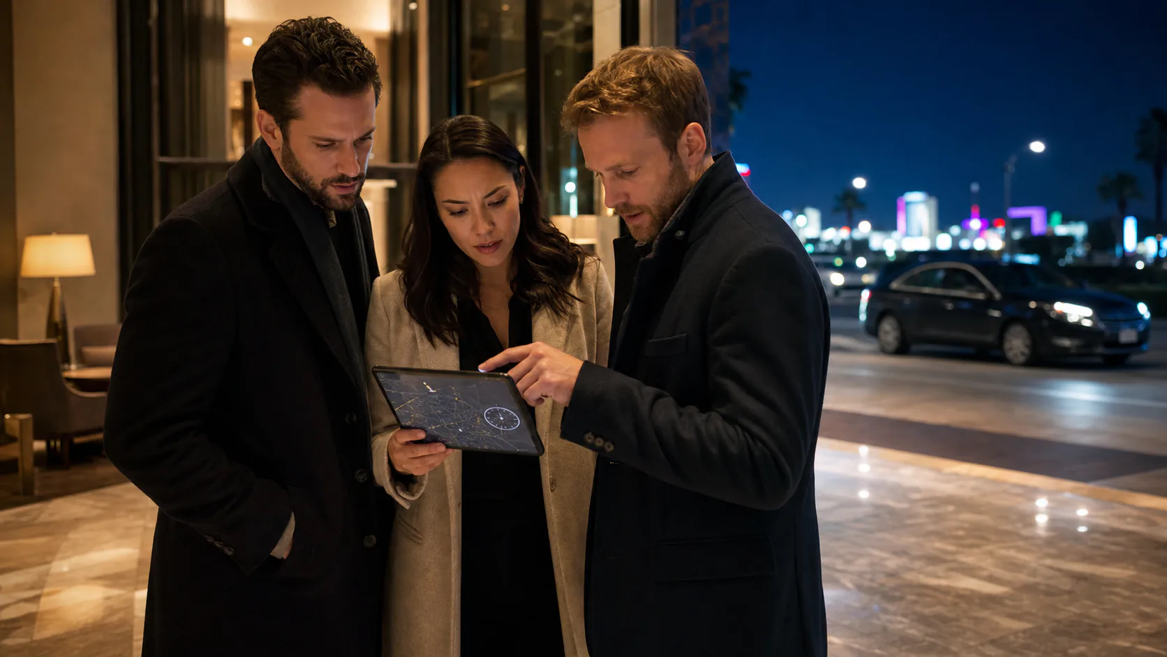 Three adult friends verify a late-night map and time in a generic Las Vegas hotel entrance.