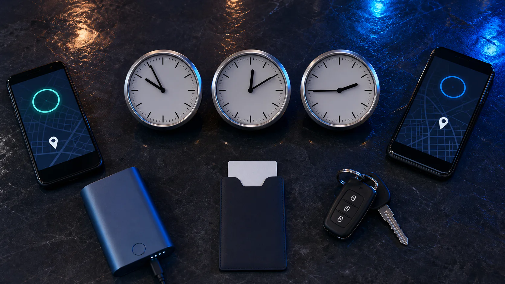 Three analog clocks, abstract open-status phones and travel items illustrate late-night hour verification.