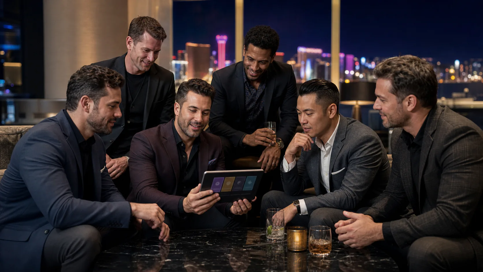 Six adult friends compare nightlife package options on a tablet in an upscale Las Vegas hotel lounge.