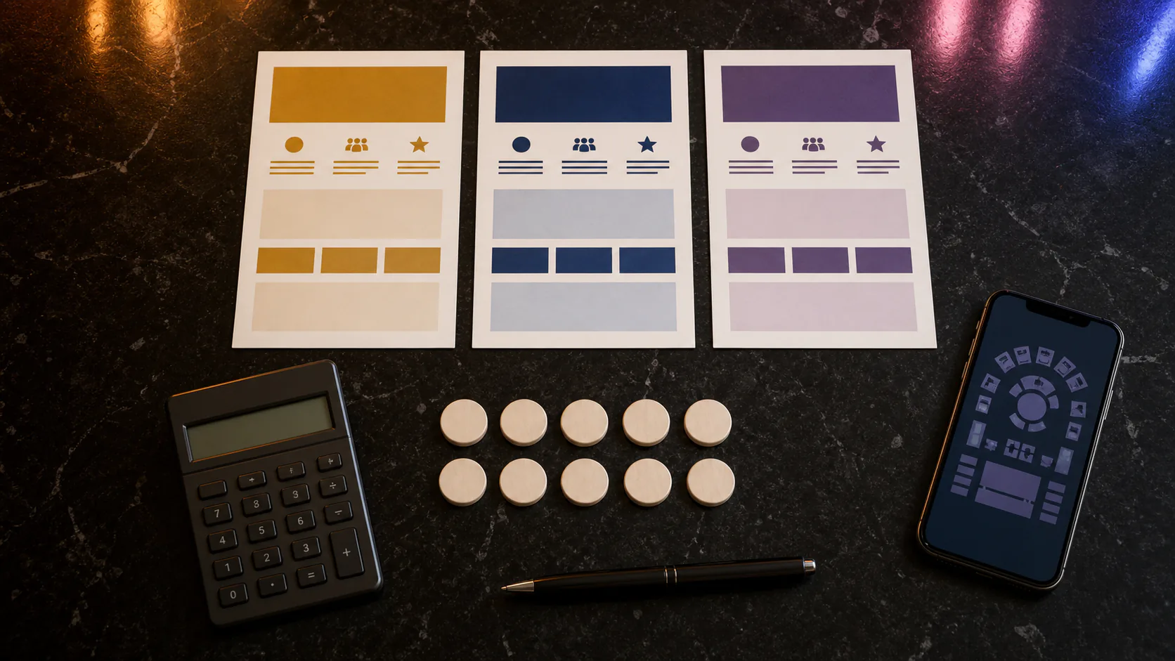 Overhead package-comparison setup with abstract offer cards, guest-count tokens, calculator and seating diagram.
