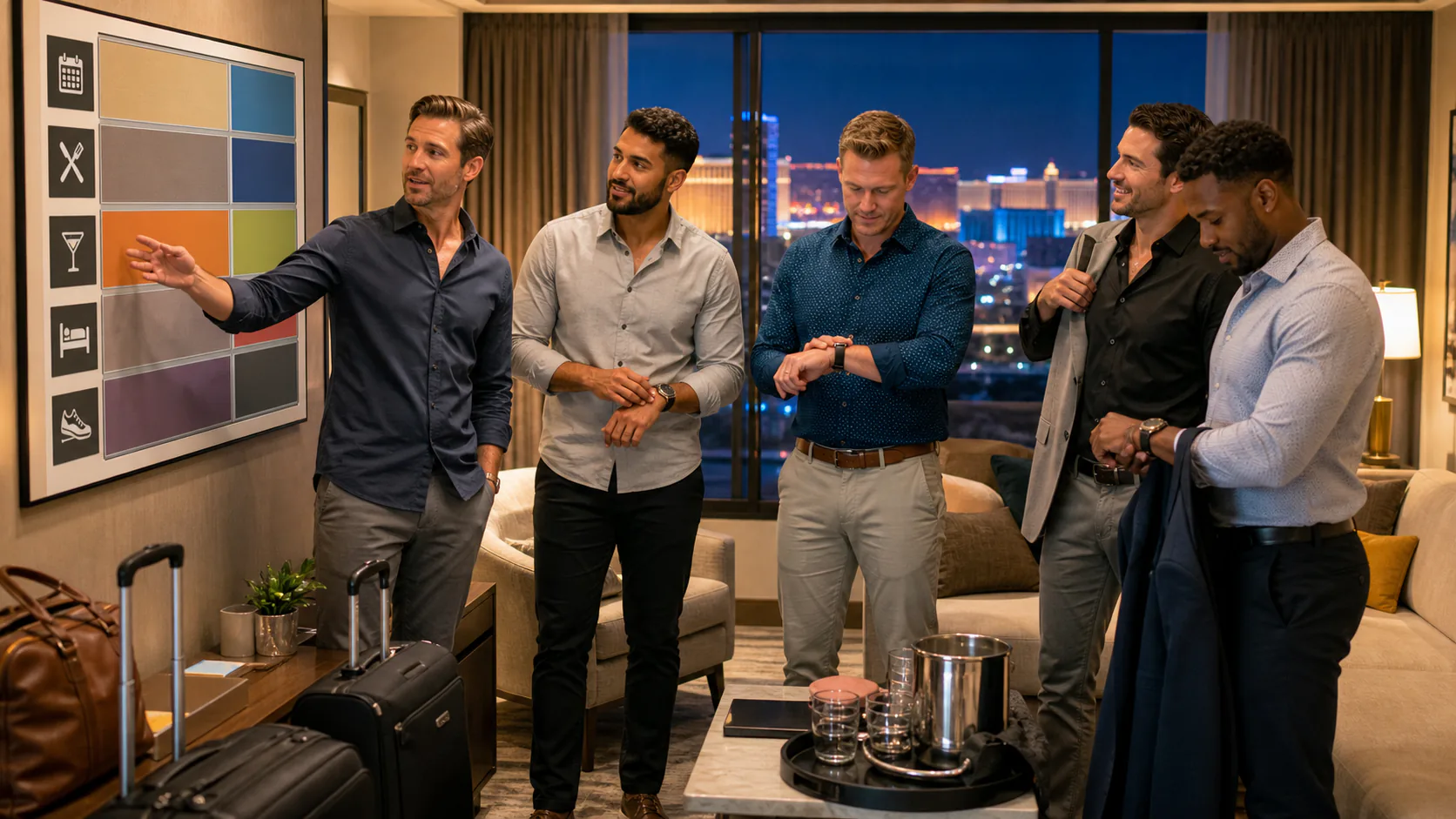 Adult friends review an abstract evening itinerary while preparing in an unbranded Las Vegas hotel suite.