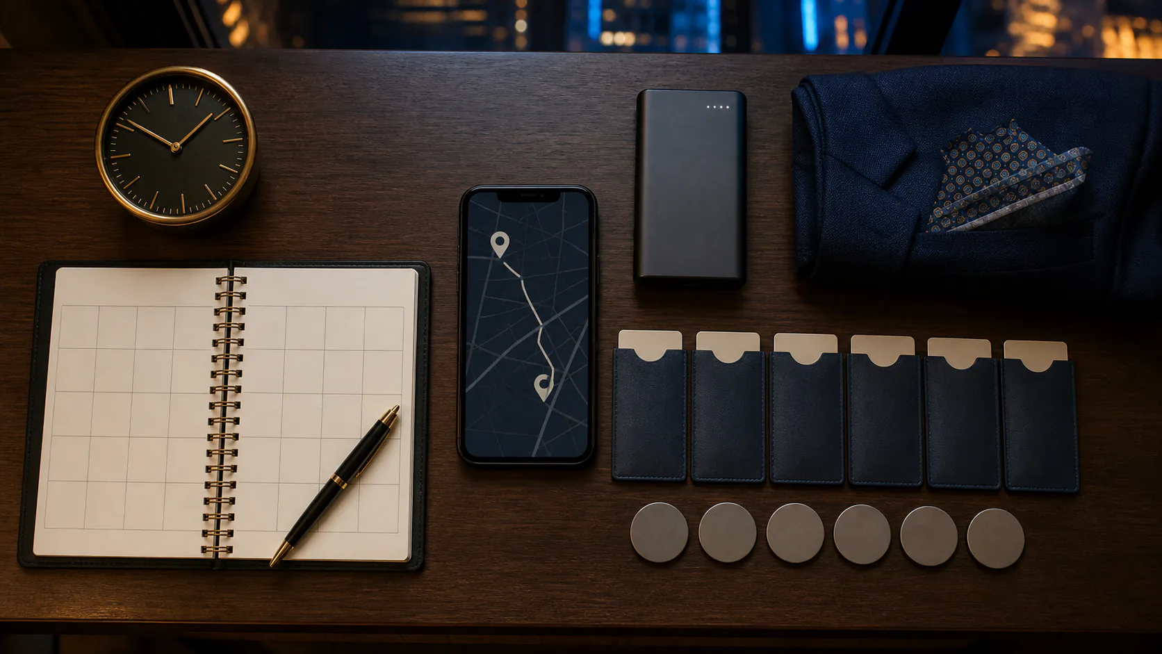 Overhead itinerary with clock, blank calendar, route map, hotel key sleeves and group-count tokens.