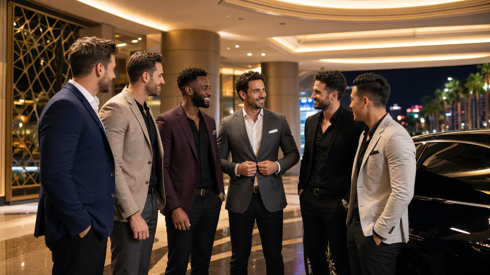 Adult friends gathering in a generic Las Vegas hotel lobby