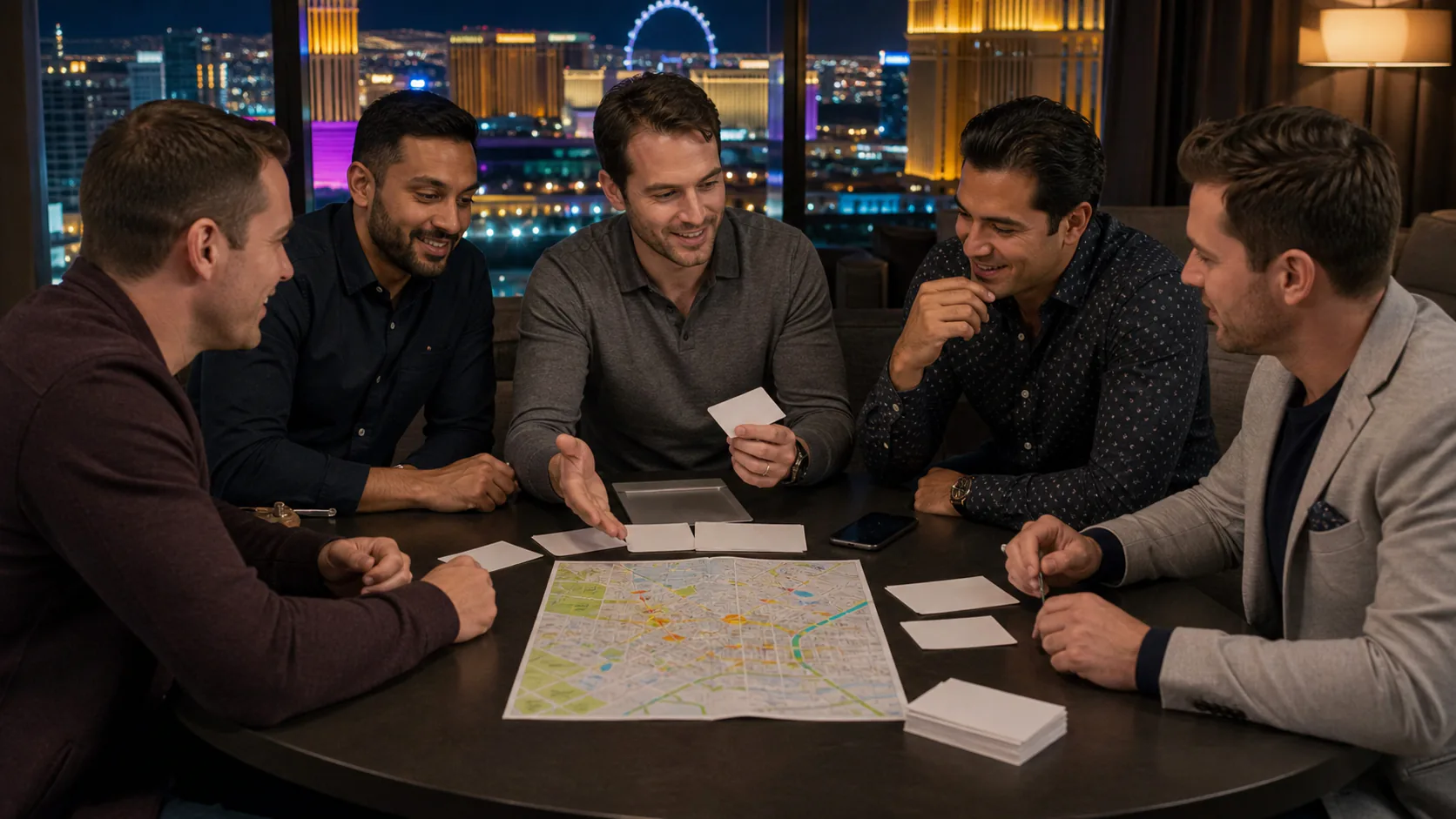 Adult friends finalizing headcount and transportation around a map
