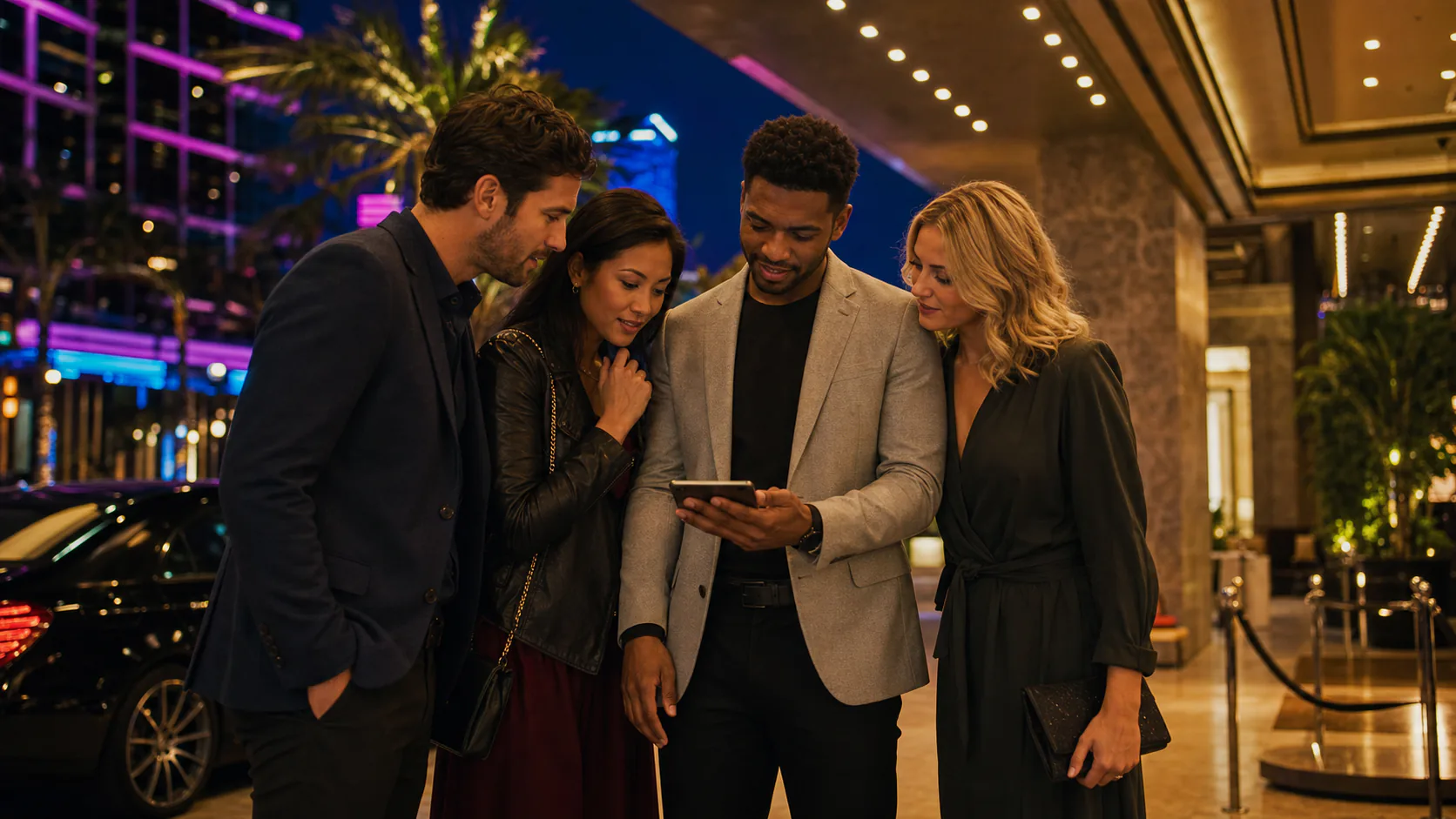 Adults comparing Las Vegas nightlife options outside a generic hotel