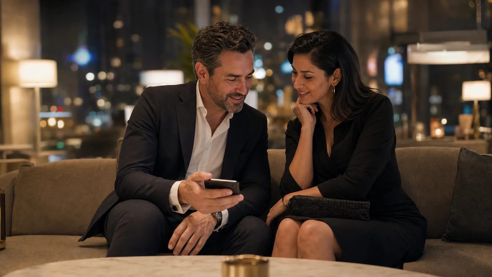 Adult couple calmly reviews an evening plan together in an upscale unbranded Las Vegas hotel lounge.