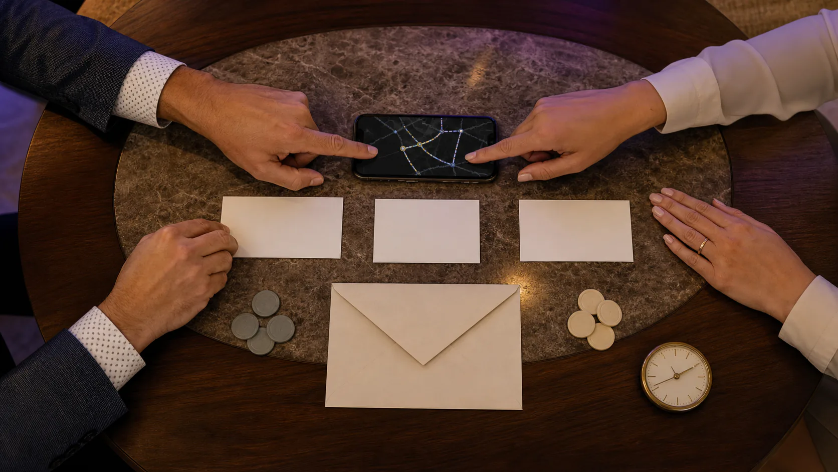 Adult couple uses an abstract route, separate spending tokens and a shared envelope to plan a night out.