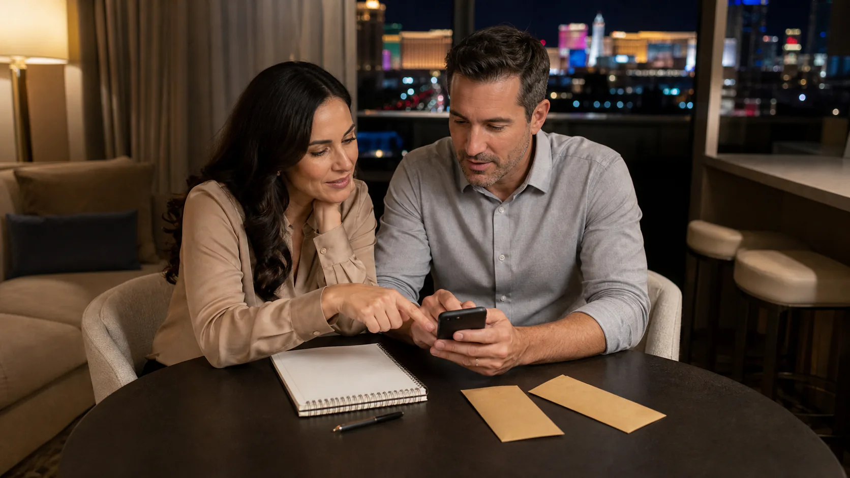 Couple agreeing on an evening budget and plan