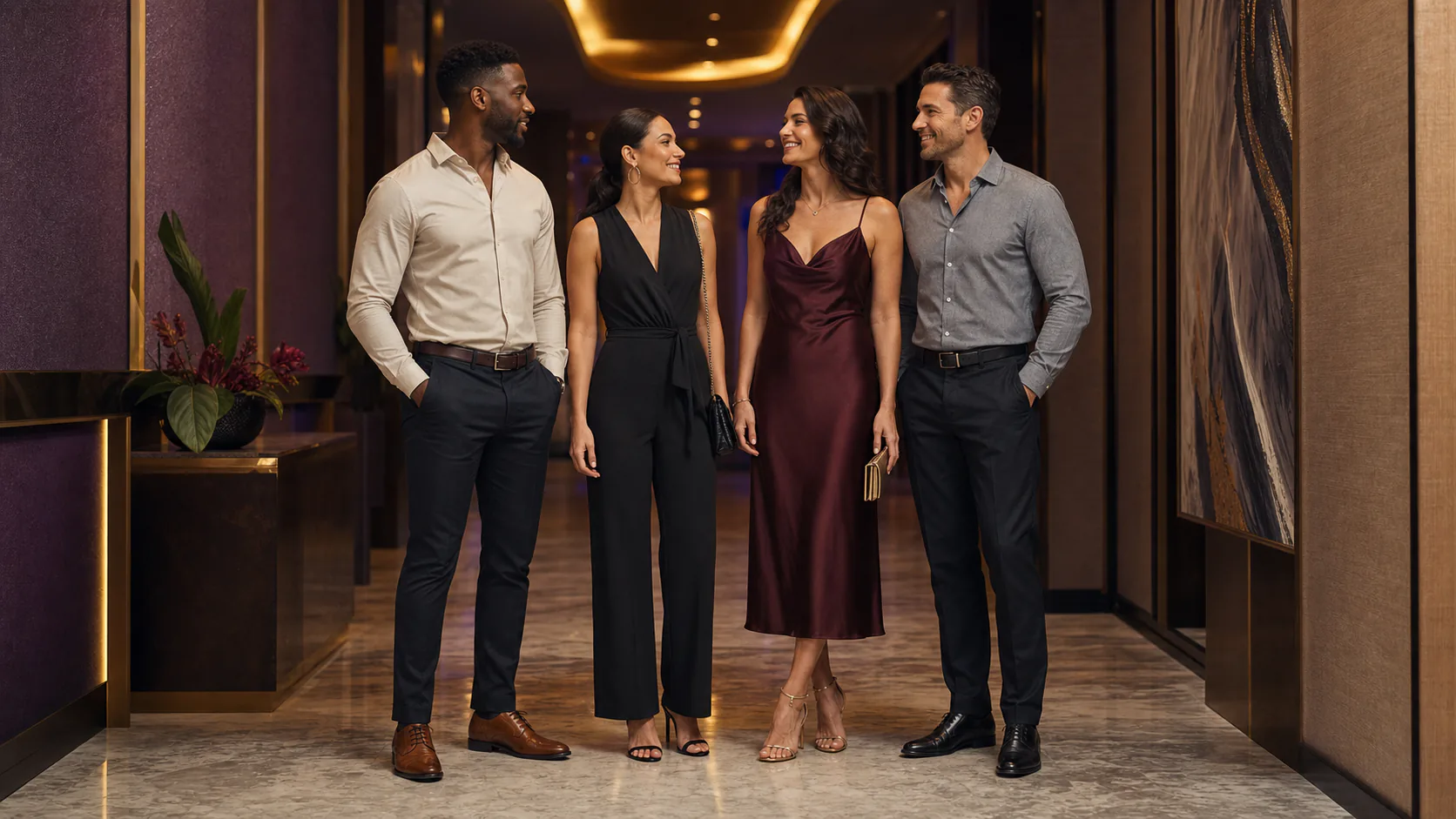 Four adults wearing polished upscale-casual nightlife outfits with clean closed-toe footwear in a hotel corridor