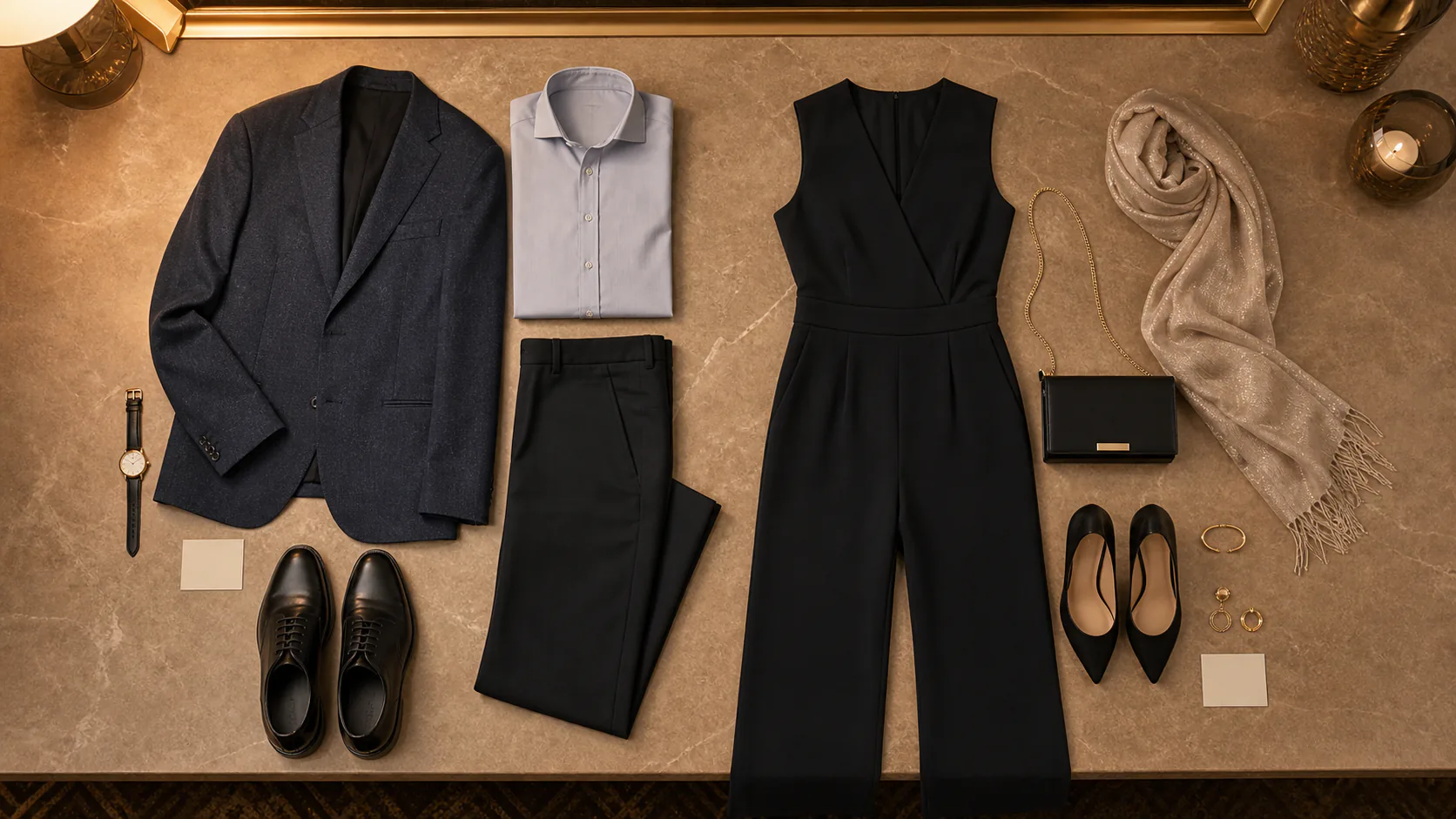 Two upscale-casual outfit options arranged with jackets, trousers, jumpsuit, closed-toe shoes and blank identification cards
