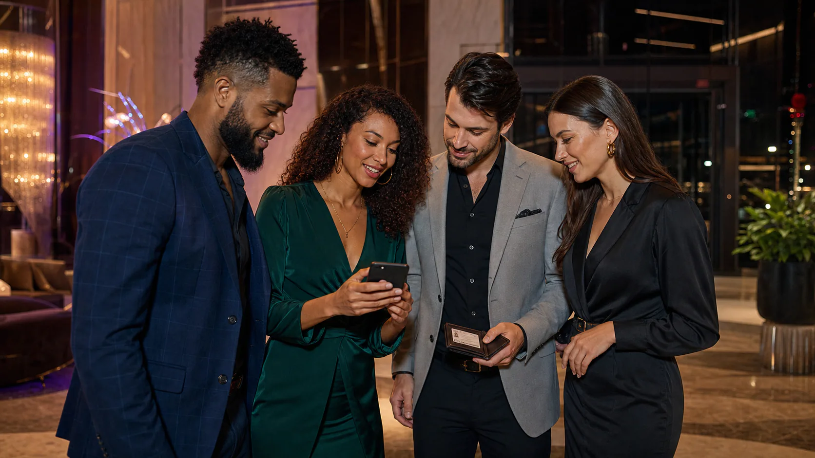 Four adult friends checking a phone map and identification in a fictional Las Vegas hotel lobby before going out