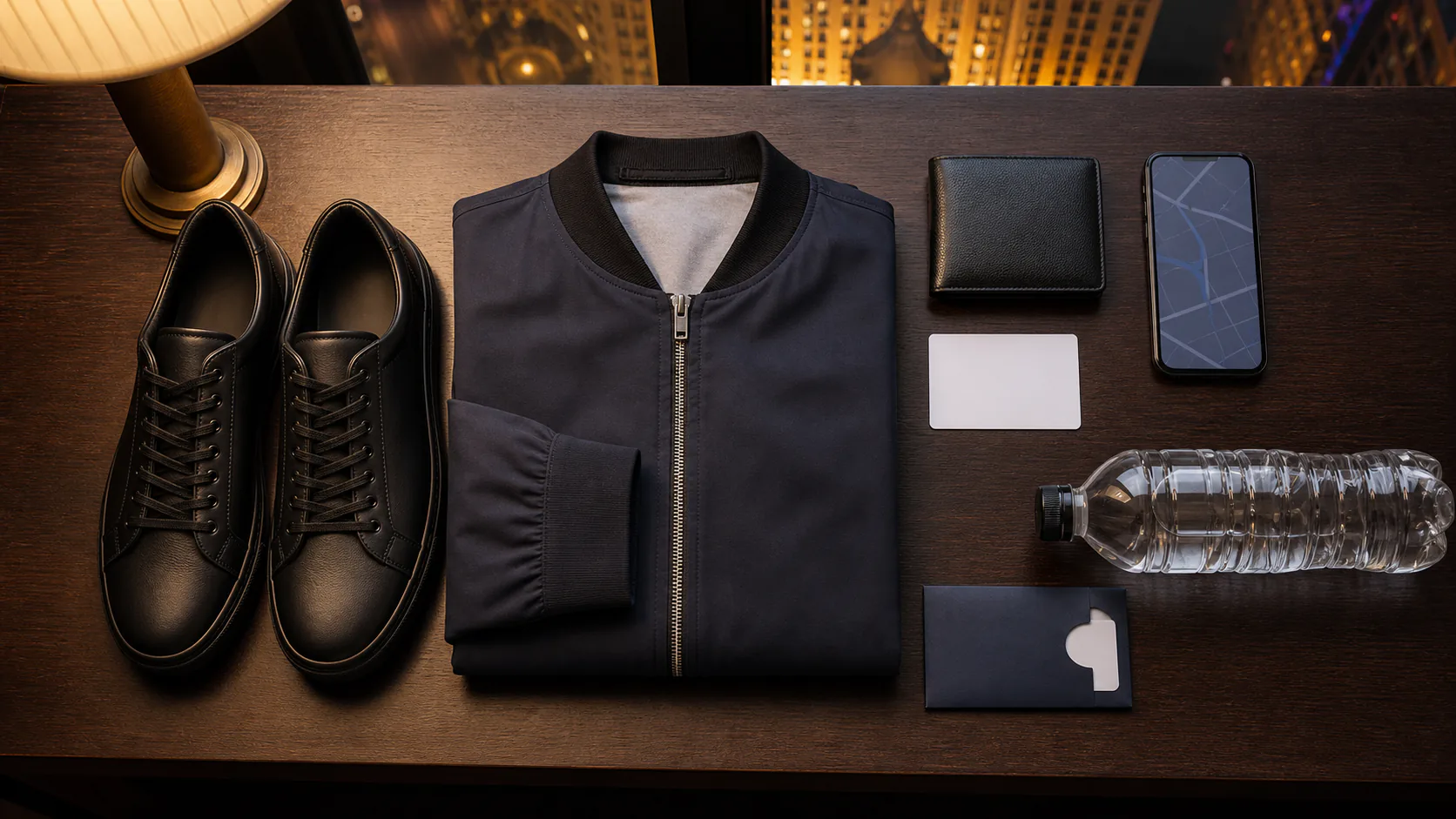 Night-out essentials arranged on a hotel desk, including clean shoes, jacket, wallet, blank ID, phone and water
