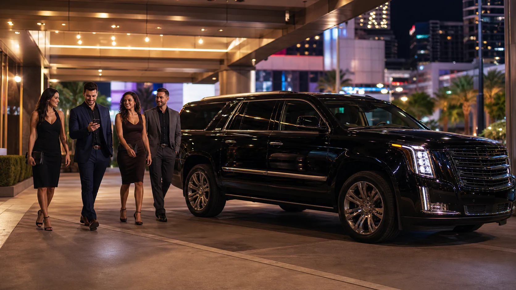 Four adult friends approach an unbranded black SUV at a Las Vegas hotel pickup area.