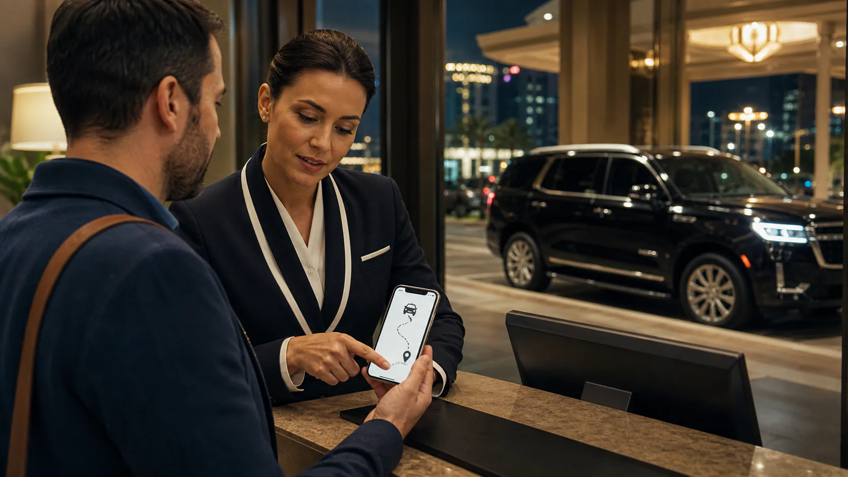 Hotel concierge and adult traveler verify an abstract ride route while an unbranded SUV waits outside.