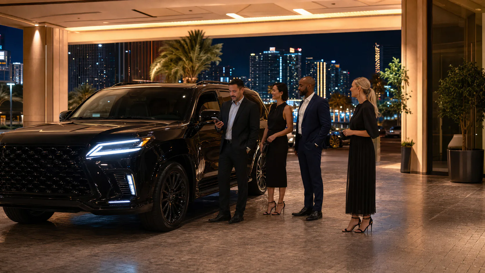 Adults confirming an unbranded black SUV at a generic hotel