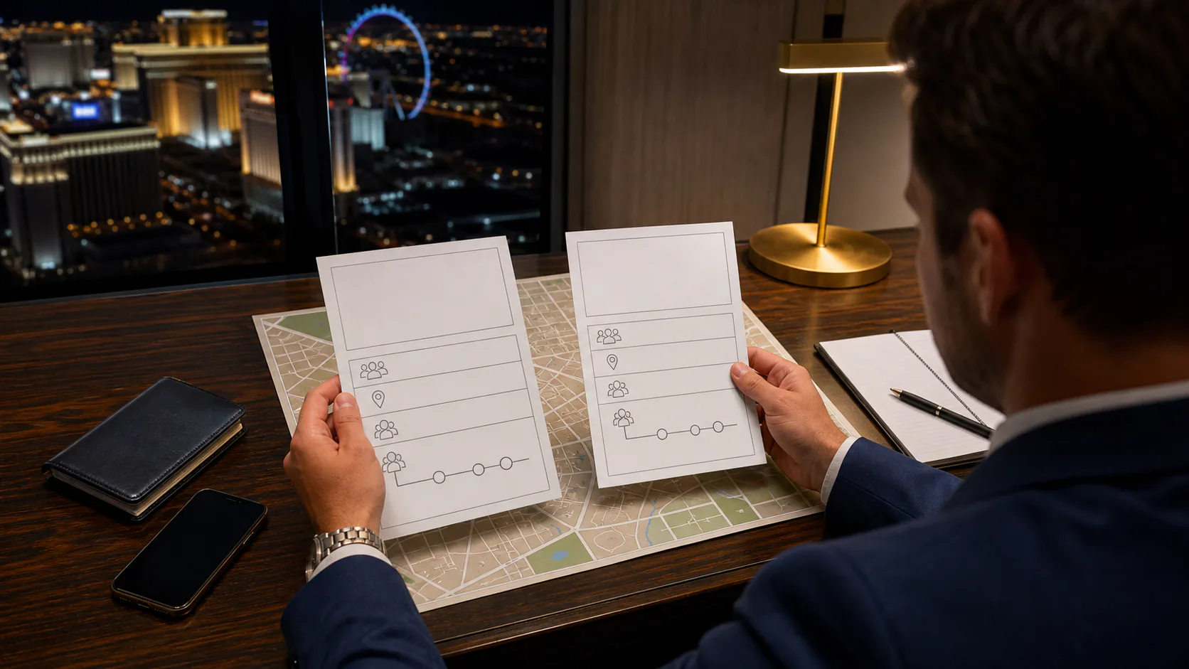 Trip organizer comparing two unlabeled venue profile cards over an abstract city map at a hotel desk