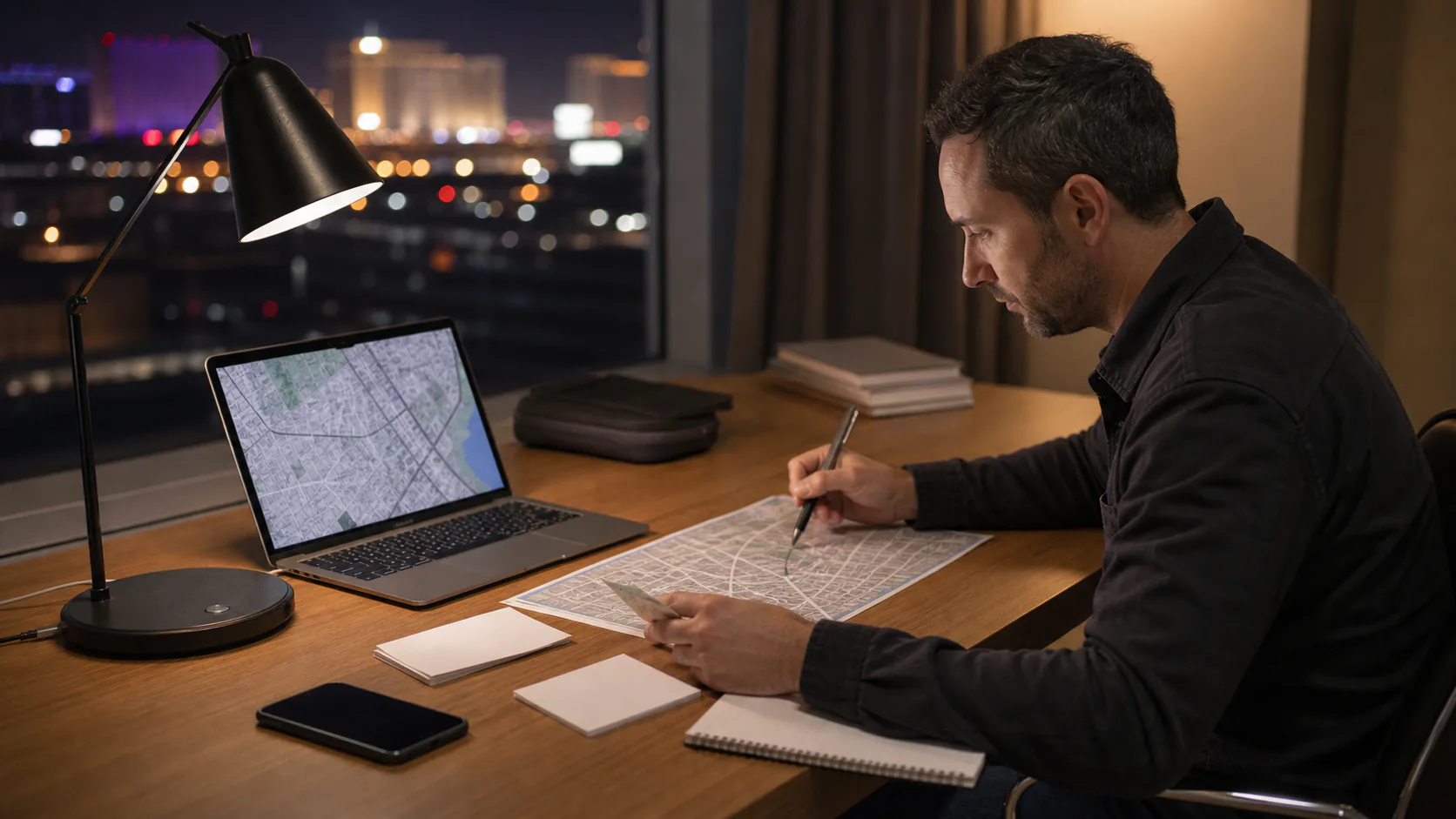 Researcher cross-checking an unlabeled city map and address cards