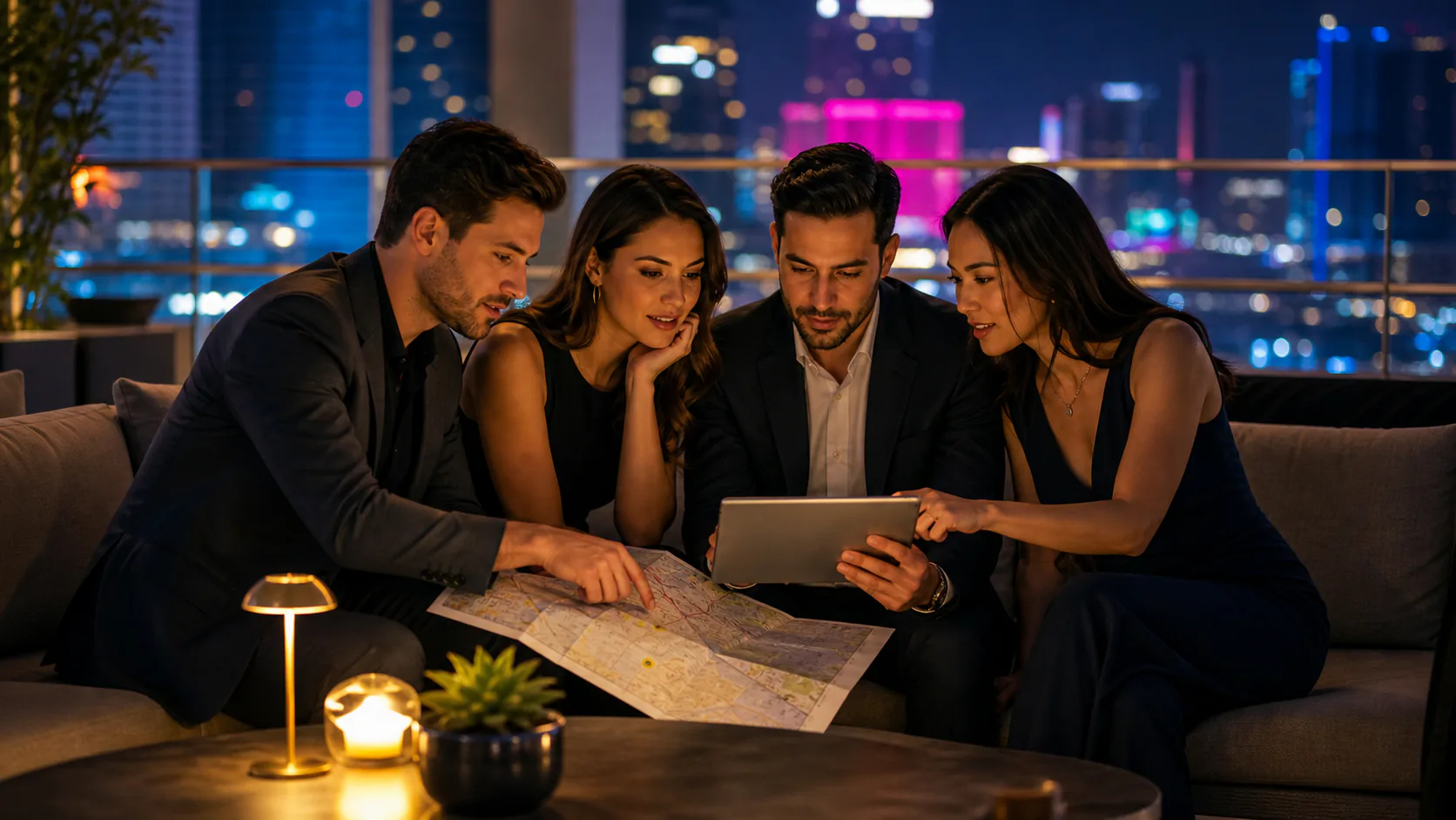 Adults planning a Las Vegas evening together in a generic hotel lounge