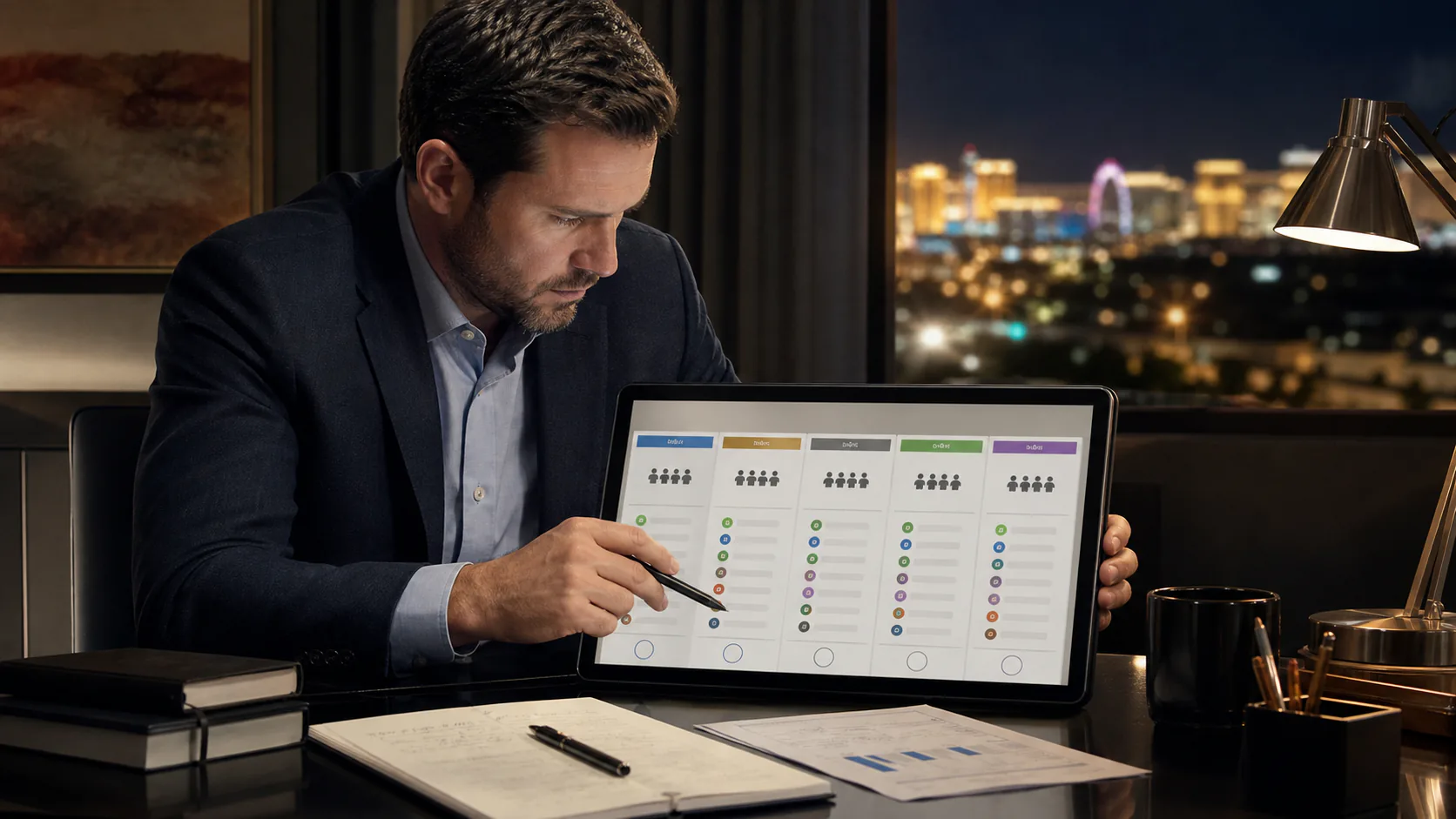 Adult researcher reviews an abstract five-column nightlife package comparison on a tablet.