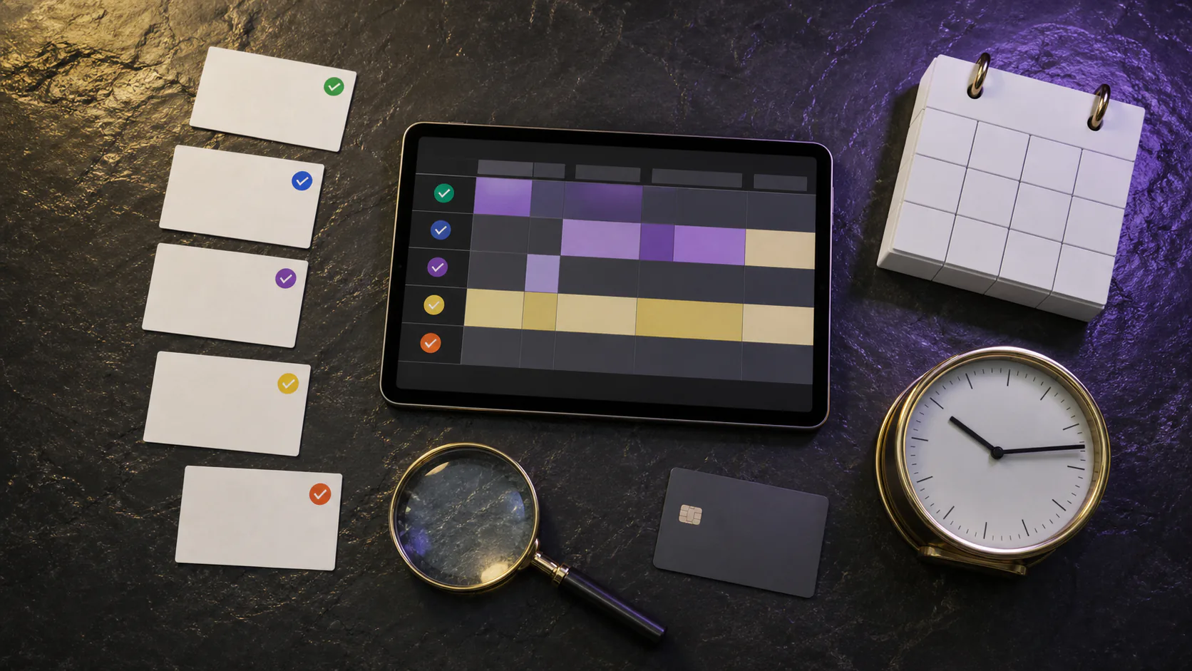 Abstract price-comparison grid with five source cards, calendar, clock and magnifying glass.