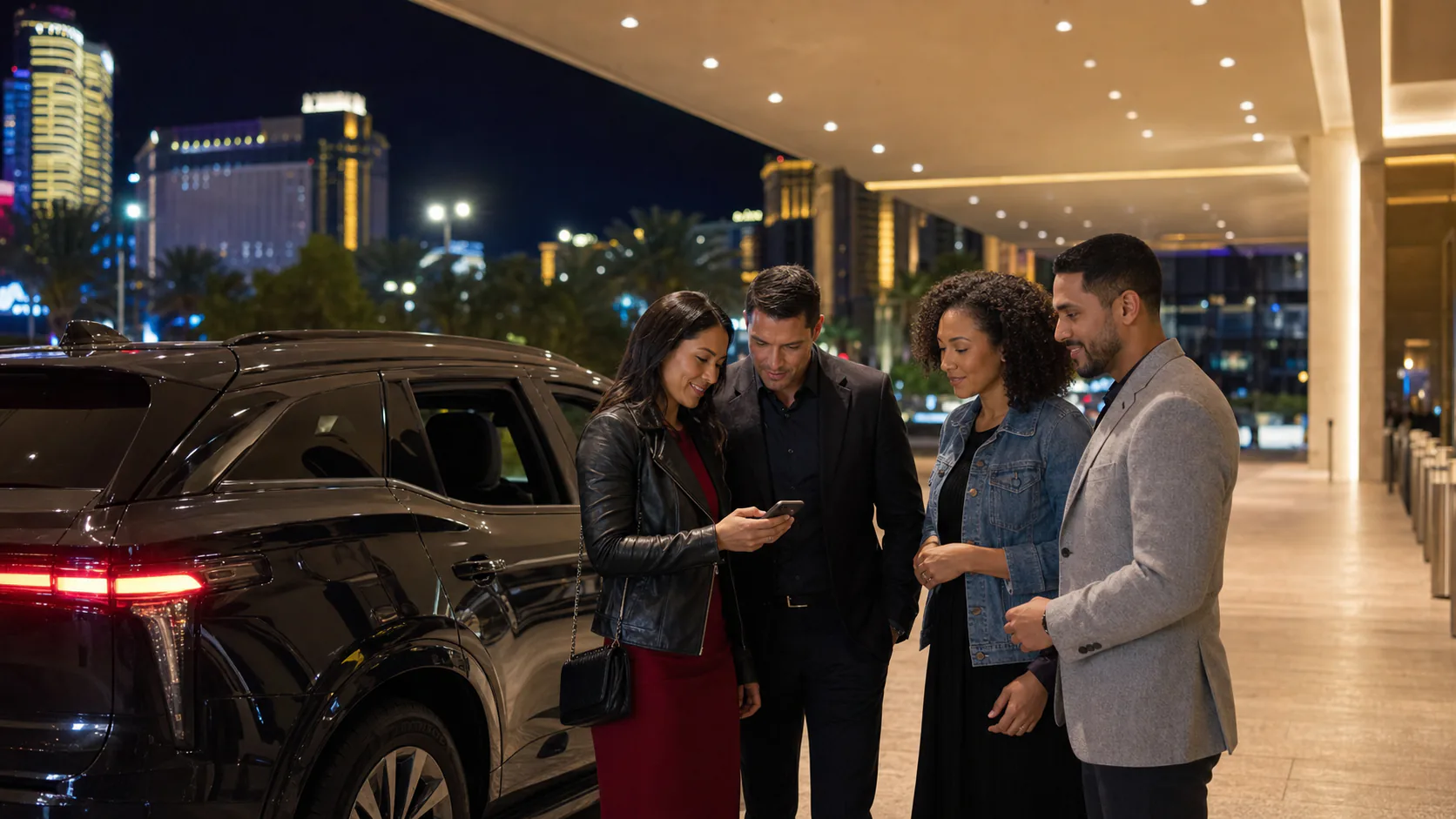 Four adult friends staying together while verifying an unbranded rideshare vehicle at a well-lit hotel pickup area
