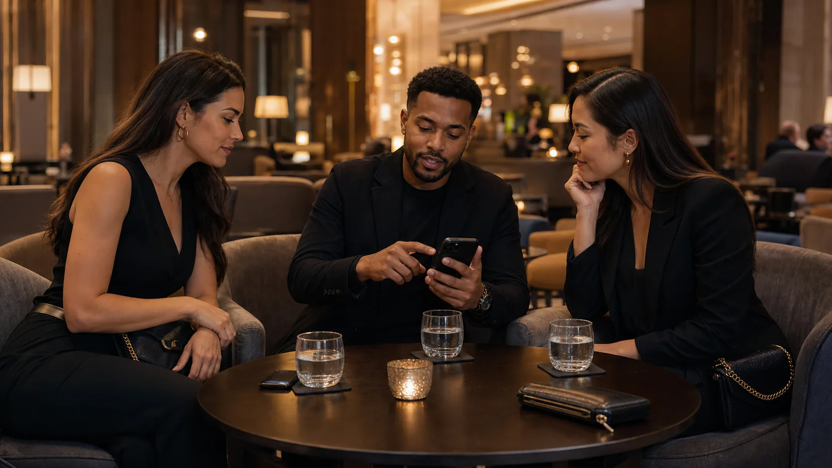Three adult friends keeping water, phones and wallets attended while confirming their return ride in a hotel lounge