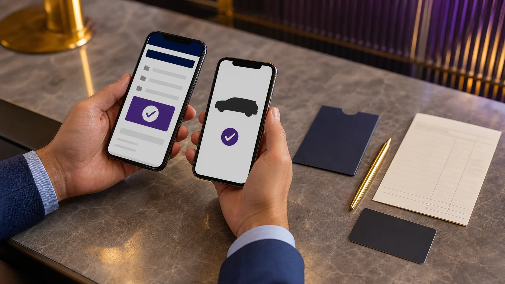 Adult hands compare an abstract booking confirmation with a matching ride-verification screen and blank receipt.