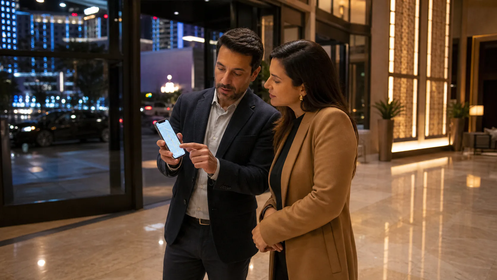 Travelers checking an unlabeled map in a generic hotel lobby