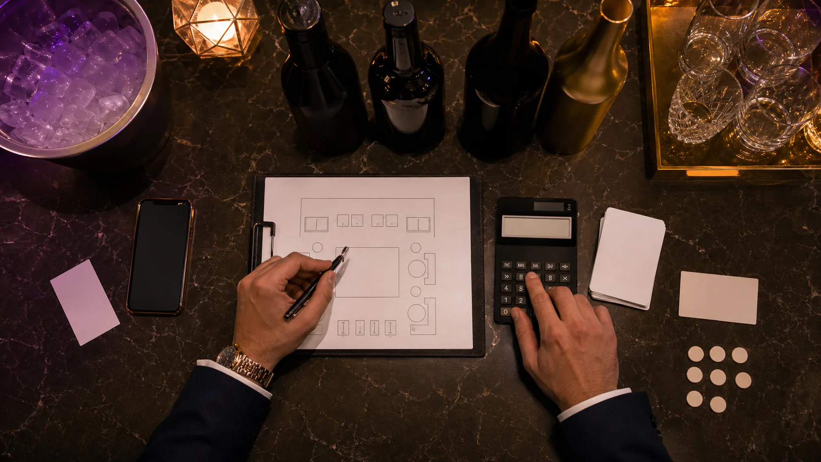 Overhead view of an organizer comparing a generic VIP seating plan, group tokens and unbranded bottle-service items