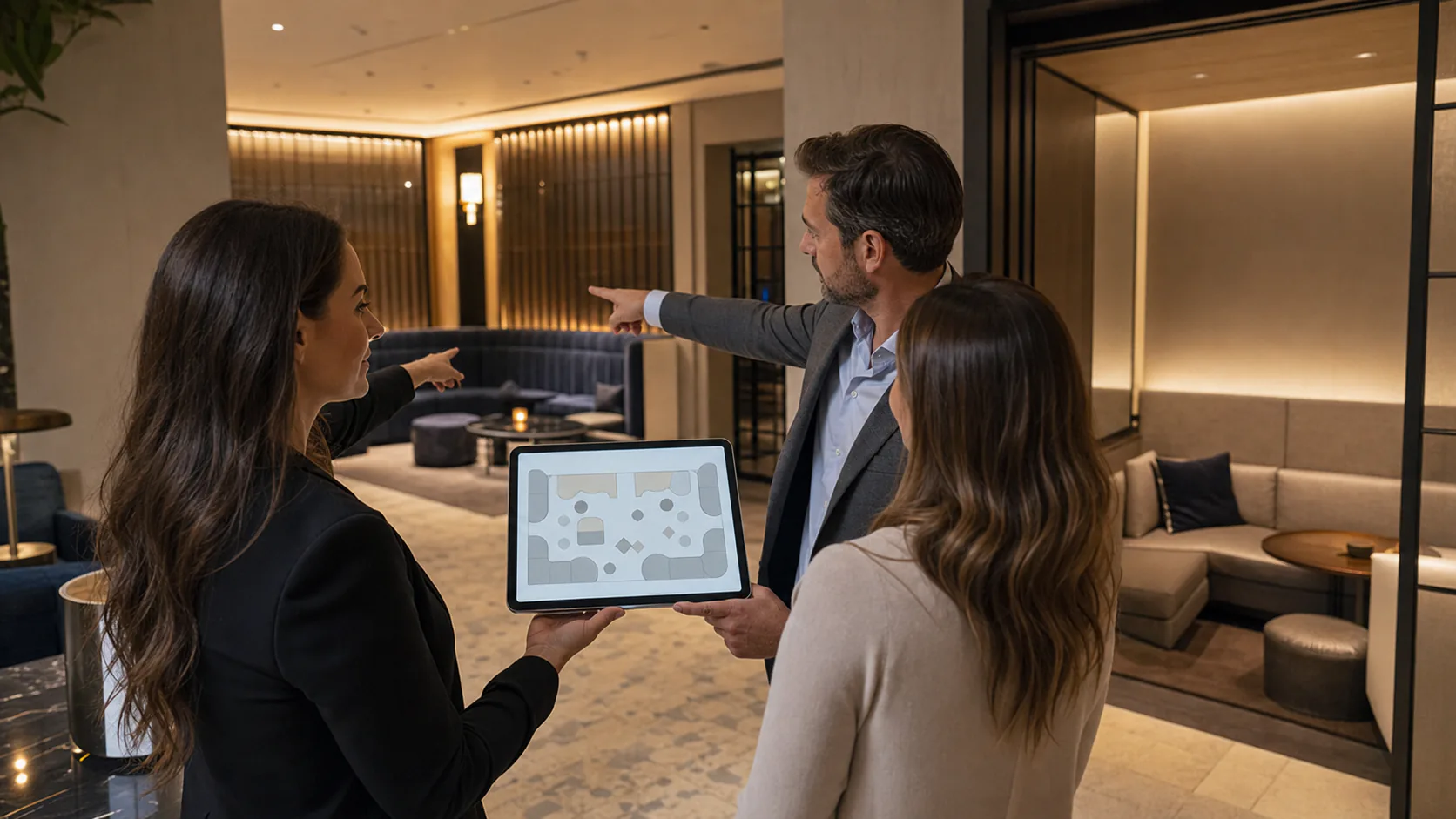Event planner and adult couple comparing an abstract seating diagram with open and partitioned lounge areas
