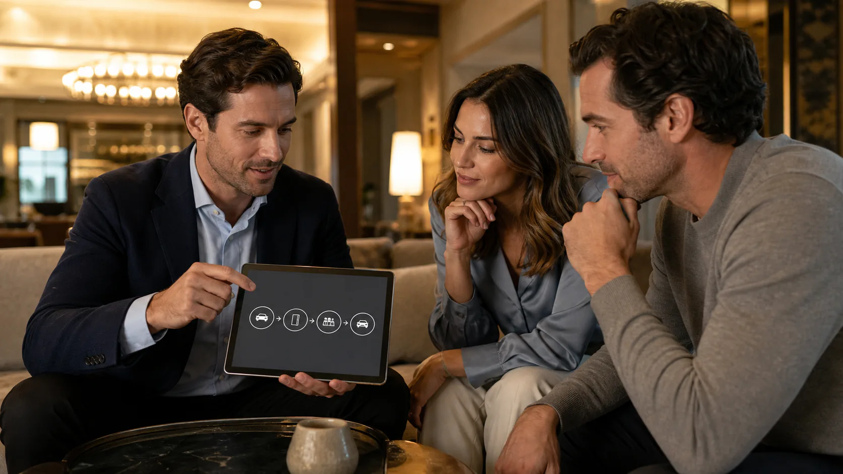 Adult organizer showing friends an abstract ride-to-return itinerary on a tablet in a hotel lounge